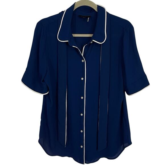 DKNY Chiffon Tie Neck Short Sleeve Button Up Blouse size Large Blue white Trim - Picture 9 of 9